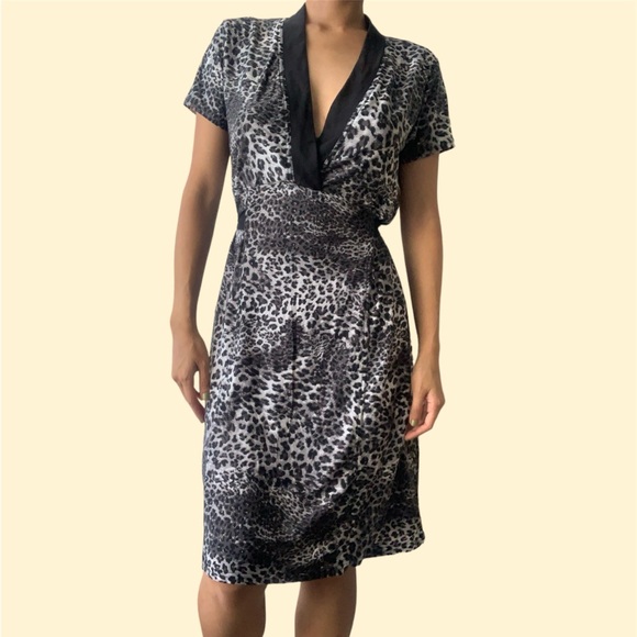 BCBGMAXAZRIA black, gray, and white leopard cheetah print Midi dress with Straps - Picture 7 of 9